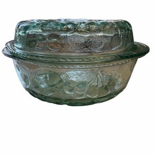 Libbey Orchard Fruit Green Glass ЗQT Casserole Baking Dish & Pie Lid Ovenware!